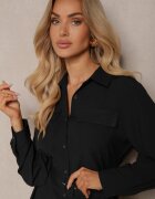 rosa Rochie tip cămașă Neagră cu croială cloș cu centură și buzunare cu clape Rinnisa