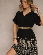 rosa Rochie Tip cămașă Neagră din Bumbac cu croială Evazată cu Cordon și Broderie Nalista