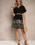 rosa Rochie Tip cămașă Neagră din Bumbac cu croială Evazată cu Cordon și Broderie Nalista