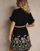 rosa Rochie Tip cămașă Neagră din Bumbac cu croială Evazată cu Cordon și Broderie Nalista