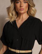 rosa Rochie Tip cămașă Neagră din Bumbac cu croială Evazată cu Cordon și Broderie Nalista