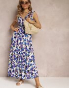 rosa Rochie Tip plic Maxi Violet-Albastru cu Flori cu Elastic în Talie din Viscoză Marielys