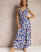 rosa Rochie Tip plic Maxi Violet-Albastru cu Flori cu Elastic în Talie din Viscoză Marielys