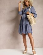 rosa Rochie Trapez Albastră cu Ciucuri și Fustă Evazată Bleva