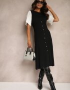 rosa Rochie Trapez Negru-Alb din Tricot Închisă cu Nasturi Zetirae