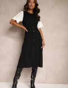 rosa Rochie Trapez Negru-Alb din Tricot Închisă cu Nasturi Zetirae