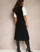 rosa Rochie Trapez Negru-Alb din Tricot Închisă cu Nasturi Zetirae