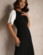 rosa Rochie Trapez Negru-Alb din Tricot Închisă cu Nasturi Zetirae