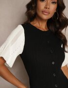 rosa Rochie Trapez Negru-Alb din Tricot Închisă cu Nasturi Zetirae