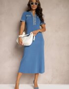 rosa Rochie Trapezoidală Albastră cu Vâscoză Decorată cu nasturi Nevtrea