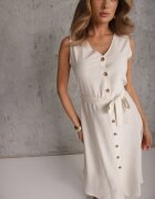 rosa Rochie Trapezoidală Bej Midi fără Mâneci cu Curea Legată Ajana