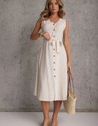 rosa Rochie Trapezoidală Bej Midi fără Mâneci cu Curea Legată Ajana