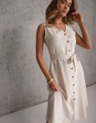 rosa Rochie Trapezoidală Bej Midi fără Mâneci cu Curea Legată Ajana