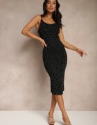 rosa Rochie Tricotată Neagră cu Vâscoză cu croială mulată cu Zirconii și Despicătură Selianael
