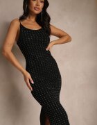 rosa Rochie Tricotată Neagră cu Vâscoză cu croială mulată cu Zirconii și Despicătură Selianael