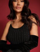 rosa Rochie Tricotată Neagră cu Vâscoză cu croială mulată cu Zirconii și Despicătură Selianael