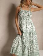rosa Rochie Verde-Alb din Bumbac cu Model Brodat Sadiralle