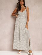 rosa Rochie Verde-Albă Evazată Maxi cu Bretele Decorative și Decolteu Adânc din Viscoză Jesa