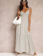 rosa Rochie Verde-Albă Evazată Maxi cu Bretele Decorative și Decolteu Adânc din Viscoză Jesa