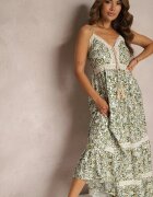 rosa Rochie Verde-Bej Din Bumbac cu Bretele Decorată cu Broderie cu Elastic în Talie Nretta