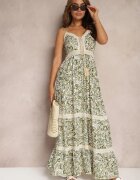 rosa Rochie Verde-Bej Din Bumbac cu Bretele Decorată cu Broderie cu Elastic în Talie Nretta