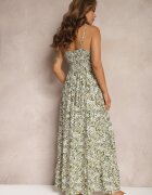 rosa Rochie Verde-Bej Din Bumbac cu Bretele Decorată cu Broderie cu Elastic în Talie Nretta