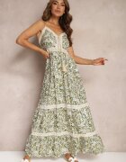rosa Rochie Verde-Bej Din Bumbac cu Bretele Decorată cu Broderie cu Elastic în Talie Nretta