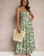 rosa Rochie Verde-Bej din Vâscoză cu bretele cu croi evazat tăiată sub bust Mezorea