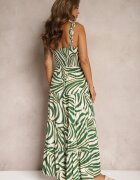 rosa Rochie Verde-Bej din Vâscoză cu bretele cu croi evazat tăiată sub bust Mezorea