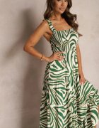 rosa Rochie Verde-Bej din Vâscoză cu bretele cu croi evazat tăiată sub bust Mezorea