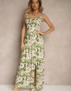 rosa Rochie Verde-Bej din viscoză cu croială evazată cu flori Redalie
