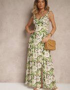 rosa Rochie Verde-Bej din viscoză cu croială evazată cu flori Redalie