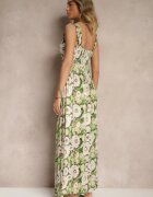 rosa Rochie Verde-Bej din viscoză cu croială evazată cu flori Redalie