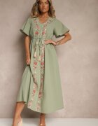rosa Rochie Verde Cloș din Bumbac stil Boho cu Broderie Decorativă Sersena