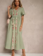 rosa Rochie Verde Cloș din Bumbac stil Boho cu Broderie Decorativă Sersena