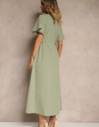 rosa Rochie Verde Cloș din Bumbac stil Boho cu Broderie Decorativă Sersena