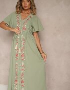 rosa Rochie Verde Cloș din Bumbac stil Boho cu Broderie Decorativă Sersena