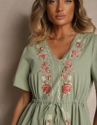 rosa Rochie Verde Cloș din Bumbac stil Boho cu Broderie Decorativă Sersena