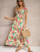 rosa Rochie Verde Cloș Florală din Viscoză Ornată cu Volănaș și Legătură Mevanya