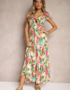 rosa Rochie Verde Cloș Florală din Viscoză Ornată cu Volănaș și Legătură Mevanya