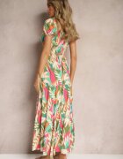rosa Rochie Verde Cloș Florală din Viscoză Ornată cu Volănaș și Legătură Mevanya