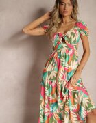 rosa Rochie Verde Cloș Florală din Viscoză Ornată cu Volănaș și Legătură Mevanya