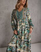rosa Rochie Verde cu elastic în talie cu model etnic Kapha
