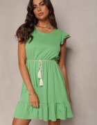 rosa Rochie Verde cu Fason Evazat din Bumbac Decorată cu Volane Kadan