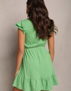 rosa Rochie Verde cu Fason Evazat din Bumbac Decorată cu Volane Kadan