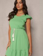 rosa Rochie Verde cu Fason Evazat din Bumbac Decorată cu Volane Kadan