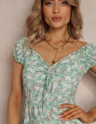 rosa Rochie Verde cu flori cu croială cambrată cu șnur la decolteu Gunnet