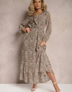 rosa Rochie verde deschis cu volan la decolteu cu model ornamental Mana