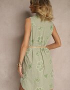 rosa Rochie Verde deschisă din bumbac cu flori brodate și curea croi tip cămașă Tunoria