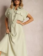 rosa Rochie Verde deschisă din Viscoză cu Croială Cloș cu Elastic în Talie și Capse Memvia